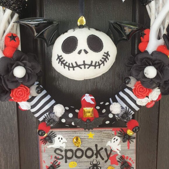 Halloween Wreath Hanger Wall Spooky Bat Decor Jack Skellington Door Hanger Sign - Picture 3 of 10